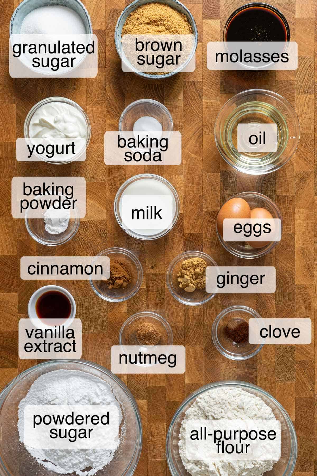 Ingredients to make bakery style gingerbread muffins.