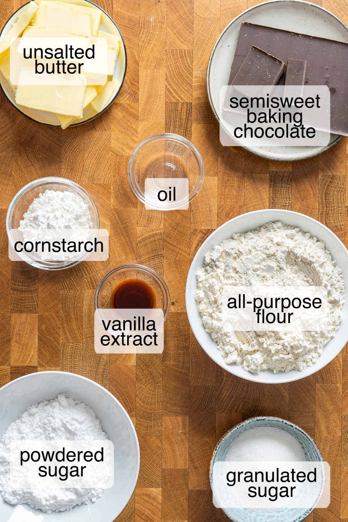 Ingredients to make chocolate dipped shortbread cookies.