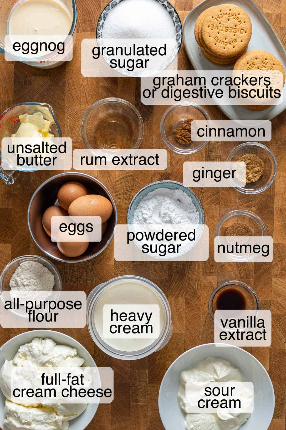 Ingredients to make no water bath eggnog cheesecake.