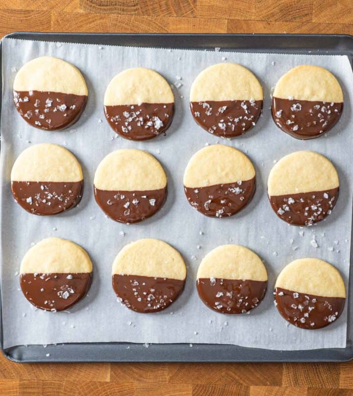 Leaving the chocolate dipped shortbread cookies to set.