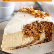 Tender and fluffy carrot cake cheesecake with cream cheese frosting.