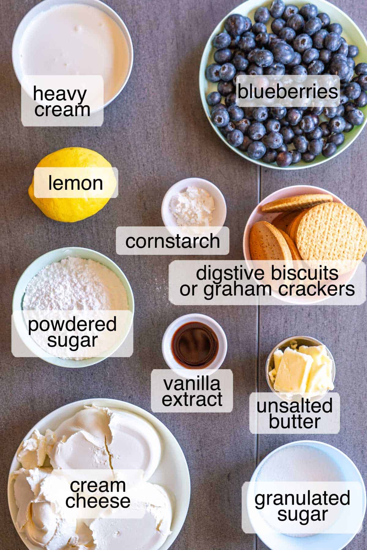 Ingredients to make no bake blueberry cheesecake.