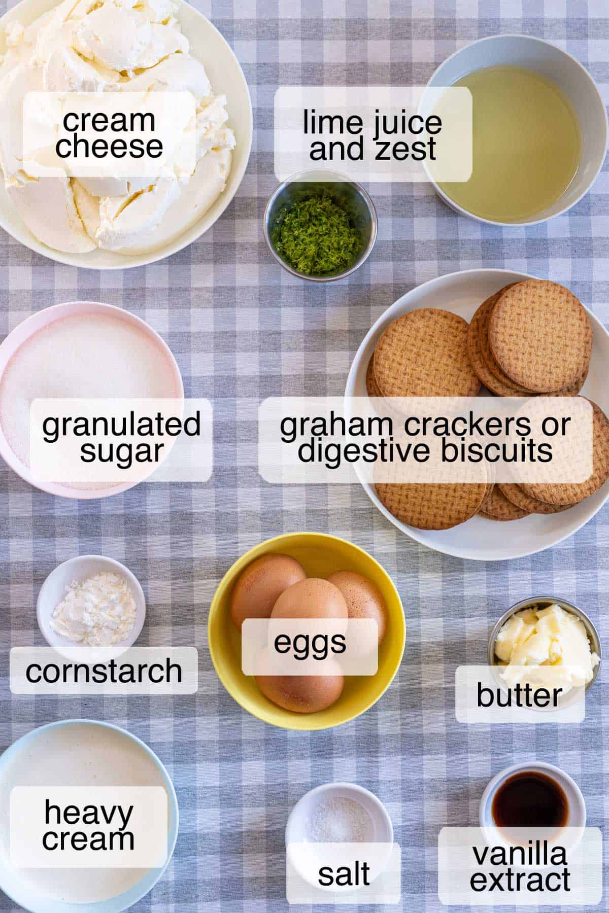 Ingredients to make key lime cheesecake.