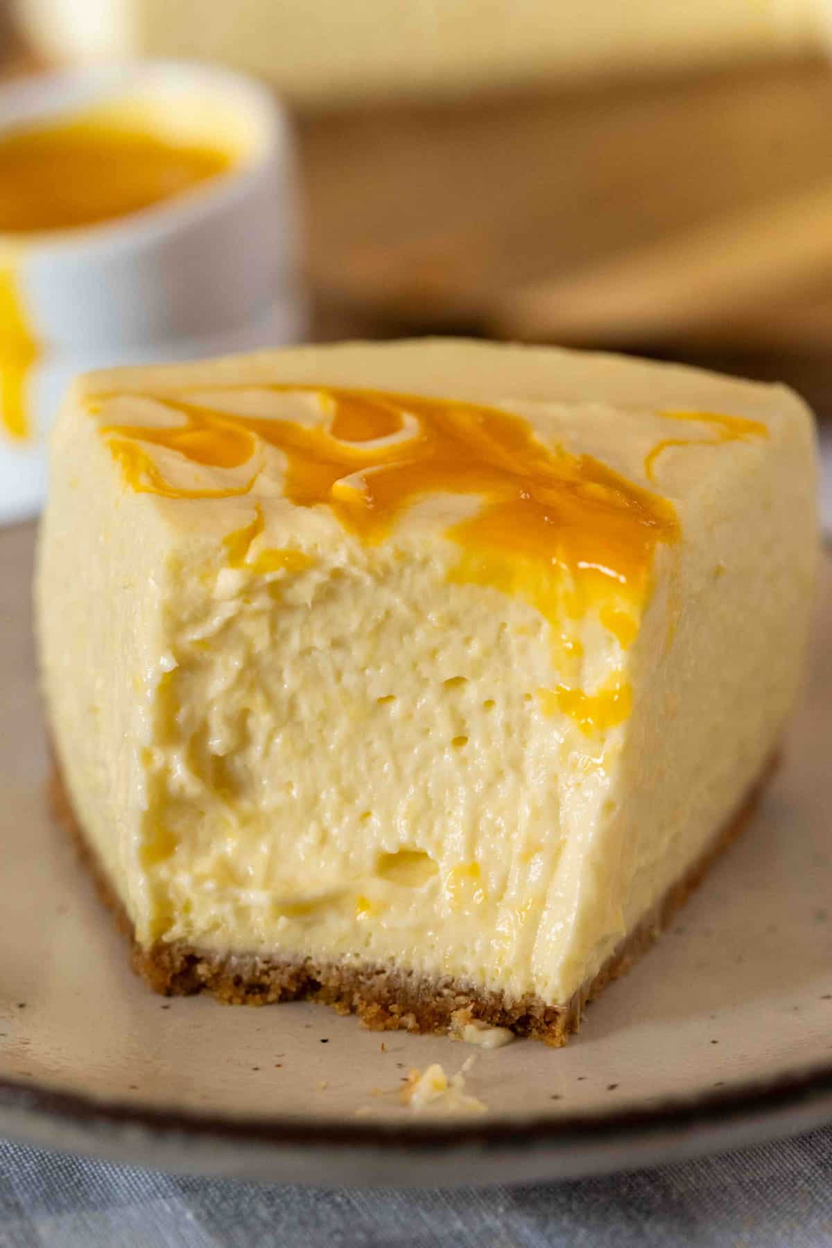 Creamy texture of no bake mango cheesecake.