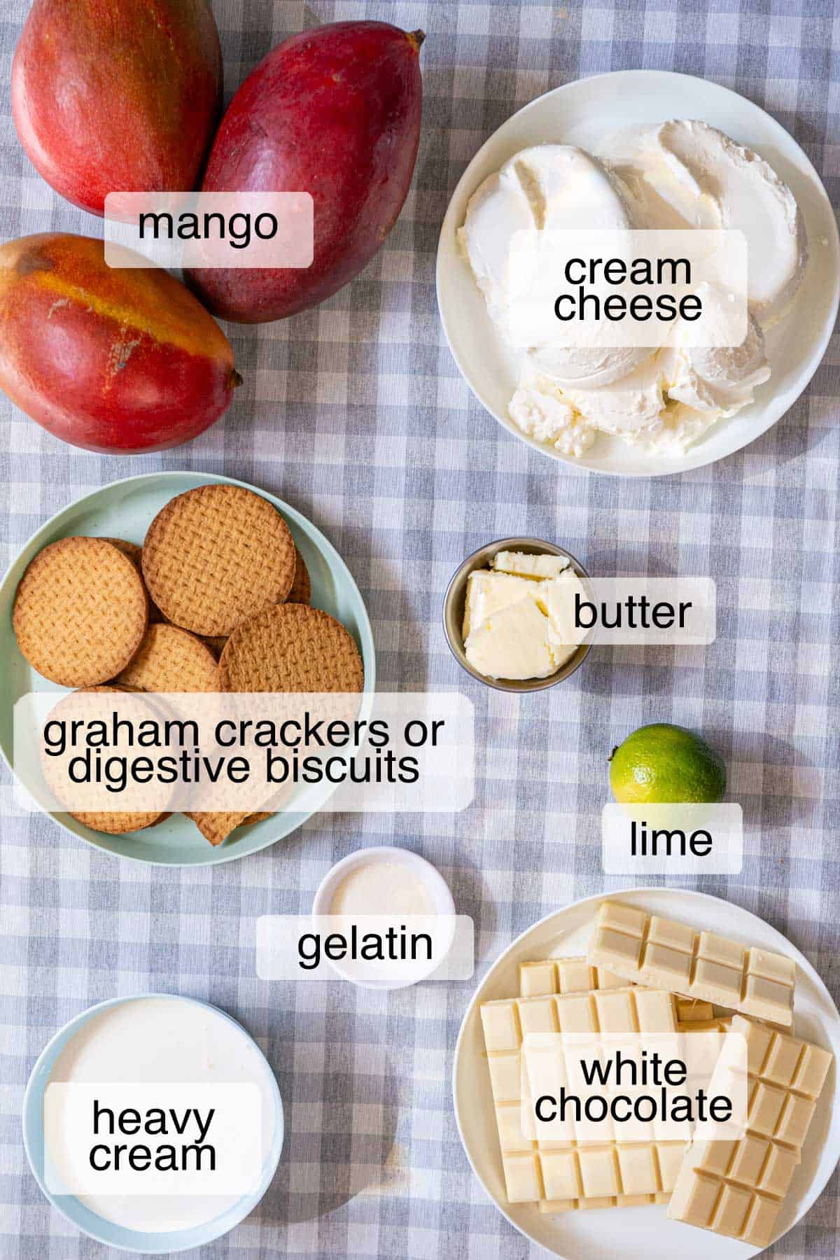 Ingredients to make no bake mango cheesecake.