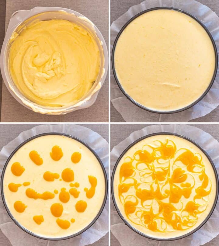 Making mango swirls on top.