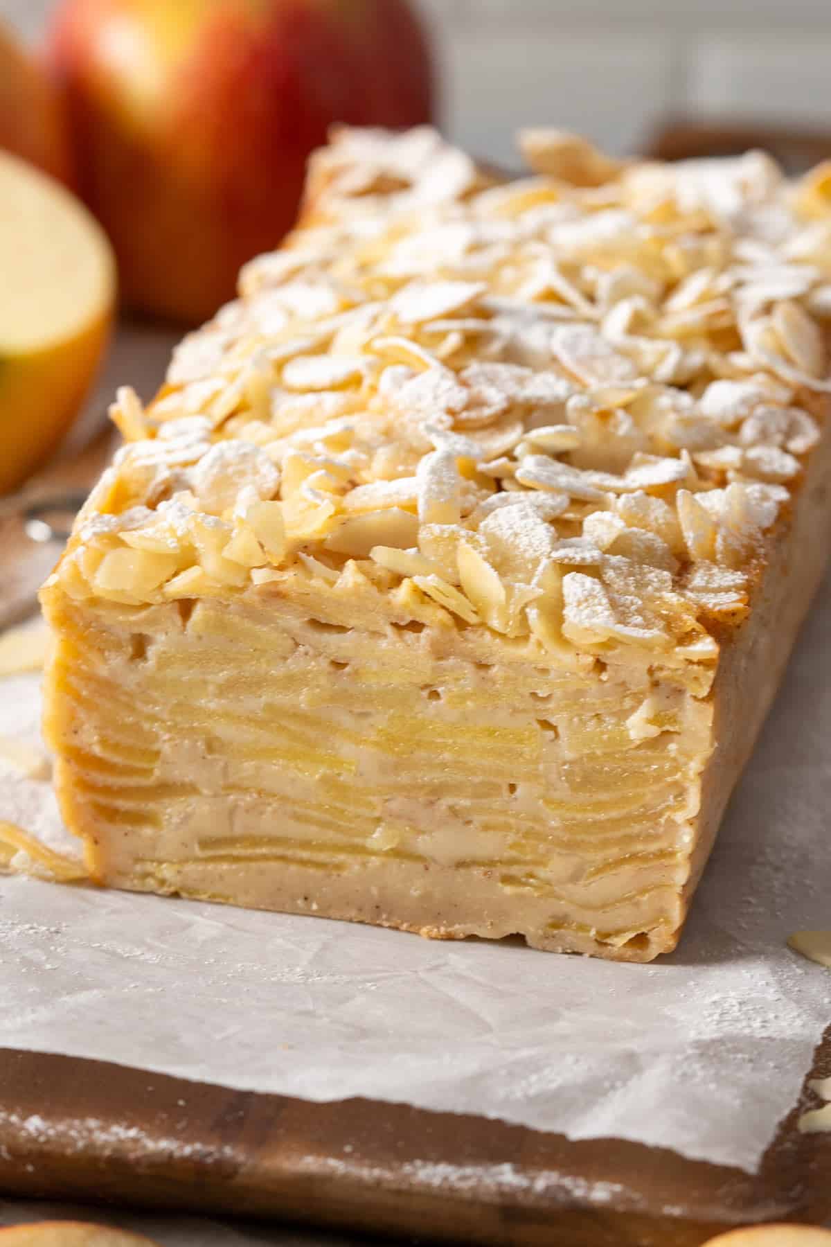 A sliced loaf of invisible apple cake.